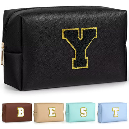 Picture of TOPEAST Preppy Makeup Bag, Small Cosmetic Travel Bags for Women, PU Leather Waterproof Toiletry Bag with Zipper, Personalized Birthday Gift for Women Girl, Preppy Gifts for Girl (Black Y)