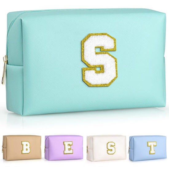 Picture of TOPEAST Initial Cosmetic Bag for women, Preppy Small Makeup Bag, PU Leather Waterproof Toiletry Bag, Monogrammed Birthday Gifts For Women, Stuff for girls (Blue S)