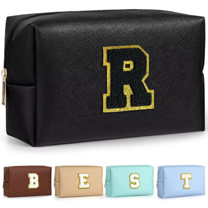 Picture of TOPEAST Cosmetic Travel Bags for Women, Preppy Small Makeup Bag, PU Leather Waterproof Toiletry Bag, Unique Friendship Gifts for Friends Coworker, Cute Stuff for Girls (Black R)