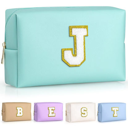 Picture of TOPEAST Birthday Gifts for Girls, Travel Makeup Bag Chenille Letter Pouch Cosmetic Bag, Makeup Travel Organizer, Monogrammed Bridesmaid Gifts for Women, Cute Stuff For Girls (Blue J)