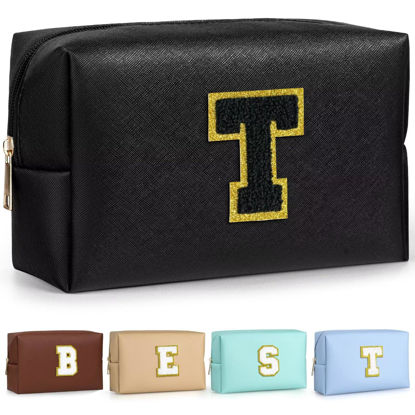 Picture of TOPEAST Preppy Stuff for Girls, Initial Makeup Bag Chenille Letter Pouch Cosmetic Bag with Zipper, PU Leather Waterproof Toiletry Bag, Cute Stuff Birthday Gift For Friends Sister (Black T)