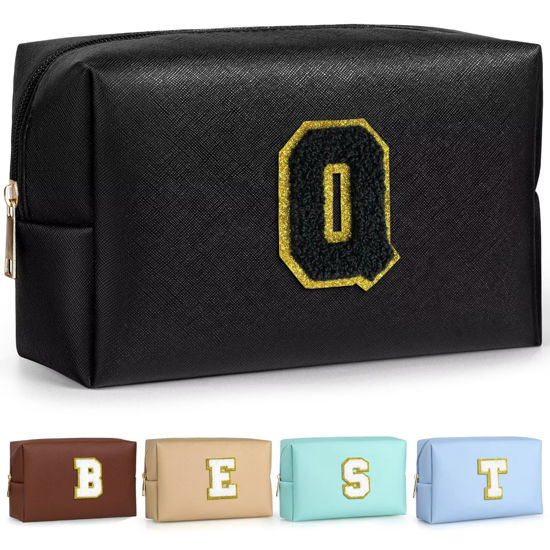 Picture of TOPEAST Initial Makeup Bag For Travel, Chenille Letter Pouch Cosmetic Bag, PU Leather Waterproof Toiletry Bag, Personalized Gifts For Bride Bridemaids, Cute Things for Girls (Black Q)