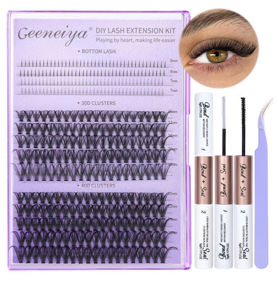 Picture of Geeneiya Natural Lash Clusters Kit Wispy Lash Extension Kit Bottom Lashes DIY Eyelash Extension Kit D Curl Individual Eyelashes Kit with Waterproof Lash Bond and Seal, Lash Tweezers (30D+40D+BOTTOM)