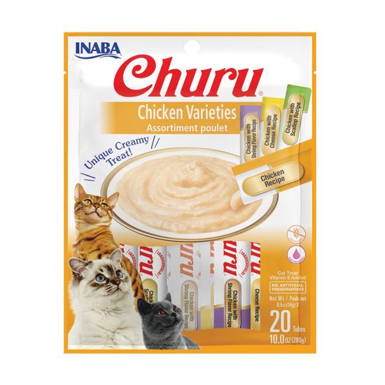 Picture of INABA Churu Cat Treats, Grain-Free, Lickable, Squeezable Creamy Purée Cat Treat/Topper with Vitamin E & Taurine, 0.5 Ounces Each Tube, 20 Tubes, Chicken Variety