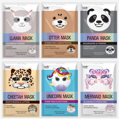 Picture of Epielle Animal Character Sheet Masks | Korean Spa Masks for All Skin Types | Spa Gifts, Kids' Birthday Party, Girls' Night, Skincare Party | Assorted 6 Pack | Korean Skincare