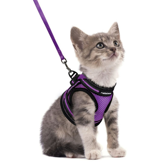 Picture of rabbitgoo Cat Harness and Leash Set for Walking Escape Proof, Adjustable Soft Kittens Vest with Reflective Strip for Cats, Comfortable Outdoor Vest, Purple, S