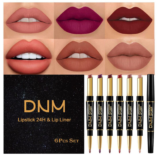 Picture of evpct 6Pcs Lip Liner and Lipstick Combo Set, DNM 2-in-1 Waterproof Lipstick and 24H Lip liner Set for Women, Antique Rose Chestnut Nude Dark Brown Matte Lipstick Pen with Lip Liner Set Long Lasting 24