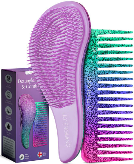 Picture of Lily England Detangler Brush & Hair Comb Set - Lightweight Hair Brush & Wide Tooth Comb for Women, Kids & Toddlers - Suitable For All Hair Types, Attractive Gift For Teen Girls, Purple-Glitter