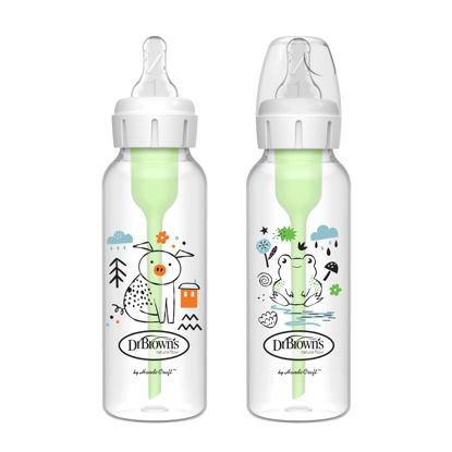 Picture of Dr. Brown's Natural Flow Anti-Colic Options+ Narrow Baby Bottle, Pig & Frog, 8 oz/250 mL, with Level 1 Slow Flow Nipple, BPA Free, 0m+, 2-Pack