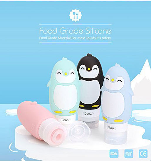 Picture of BlueFire Penguin Silicone Travel Bottles Set LeakProof Travel Tubes Set Refillable Cosmetic Toiletry Containers with Protable Clear Travel Bag for Shampoo/Conditioner/Lotion/Body Wash (4 Pack)