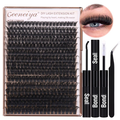 Picture of Geeneiya Volume Lash Clusters Kit DIY Lash Extension Kit D Curl Eyelash Extensions with Waterproof Lash Bond and Seal Waterproof Tweezers,10-14mm Eye Corner Eyelashes and 16-18MM Cluster Lashes 300Pcs