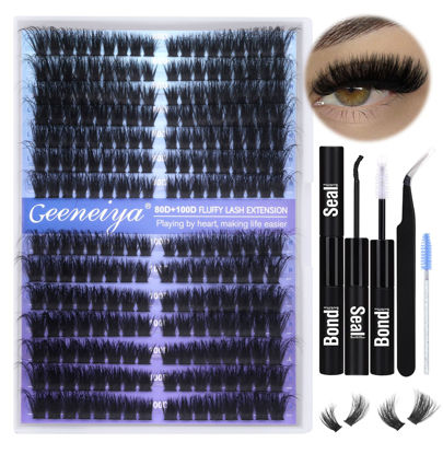 Picture of Pre-made Cat Eye Lash Extension Kit Fluffy Lash Clusters Kit 9-16mm Wispy Cluster Eyelash Extension Kit 80D+100D Individual Eyelashes with Waterproof Lash Bond and Seal, Lash Tweezers by Geeneiya