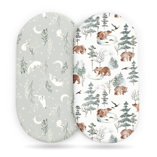 Picture of Stretchy Bassinet Mattress Sheets, Ultra Soft Bassinet Sheet 2 Pack, Universal Fitted for Oval Hourglass Rectangular Bassinet Mattress Pad Safe and Snug, Stylish Pattren of Bear and Wolf Print