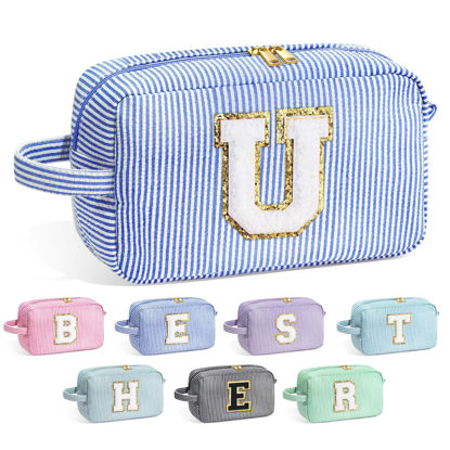 Picture of YOOLIFE Travel Makeup Bag for Women - Monogram Cute Initial Blue Makeup Bags Cosmetic Toiletry Pouch Make Up Case for Women Her Best Friend Friendship Sister, Personalized Birthday Gifts for Women U