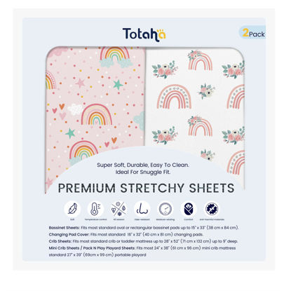 Picture of TotAha Premium Soft Bassinet Sheet for Boy Girl, Super Stretchy Jersey Knit Bassinet Fitted Sheet, Compatible with Halo, Maxi COSI, Mika Micky, SNOO, and Other Bassinet, 2 Pack (Rainbow)