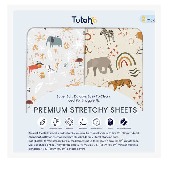 Picture of TotAha Jungle Animal Cradle Sheets Fitted 18 x 36, Buttery Soft Bassinet Fitted Sheets 2 Pack Universal for Oval, Rectangle Hourglass Bassinet Mattress