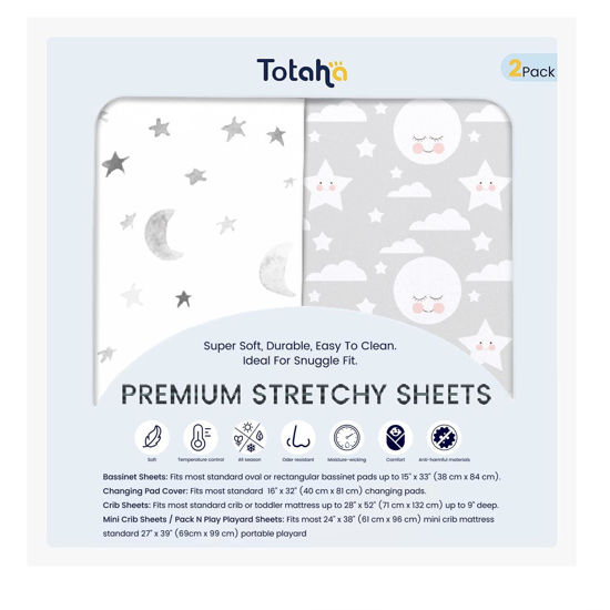 Picture of TotAha Premium Soft Bassinet Sheet for Boy Girl, Super Stretchy Jersey Knit Bassinet Fitted Sheet, Compatible with Halo, Maxi COSI, Mika Micky, SNOO, Baby Delight Mattress, 2 Pack, Moon & Grey Sky