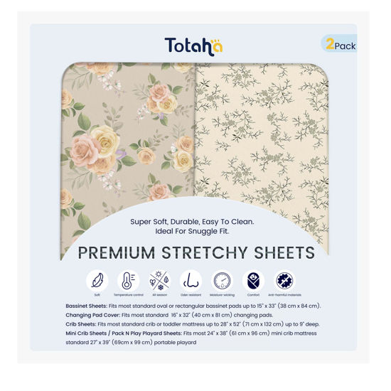 Picture of TotAha Premium Soft Bassinet Sheet for Boy Girl, Super Stretchy Jersey Knit Bassinet Fitted Sheet, Compatible with Halo, Maxi COSI, Mika Micky, SNOO, and Other Bassinet, 2 Pack (Vintage Rose & Brunch)