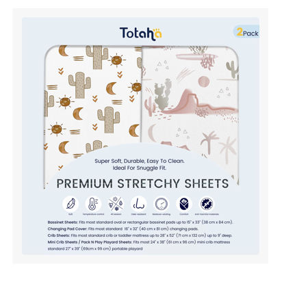 Picture of TotAha Premium Stretchy Cactus Bassinet Sheets for Baby Girl, Hypoallergenic, Buttery Soft, Silky Comfort Cradle Sheets Fitted 18 x 36 for Oval, Rectangular, Hourglass Mattress, 2-Pack