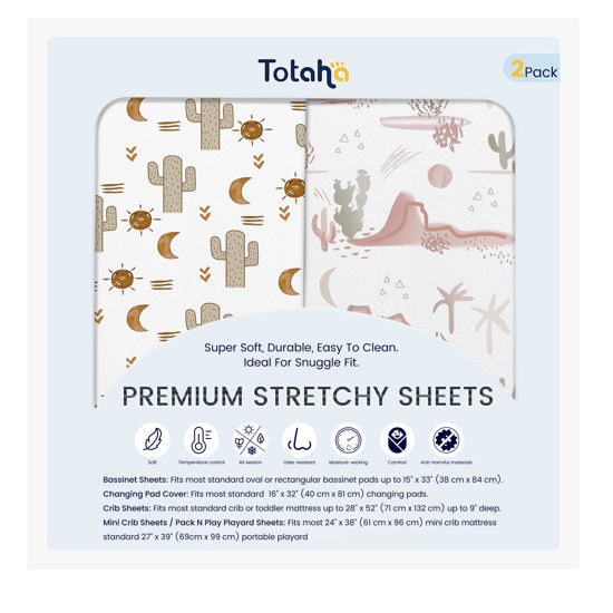 Picture of TotAha Premium Stretchy Cactus Bassinet Sheets for Baby Girl, Hypoallergenic, Buttery Soft, Silky Comfort Cradle Sheets Fitted 18 x 36 for Oval, Rectangular, Hourglass Mattress, 2-Pack