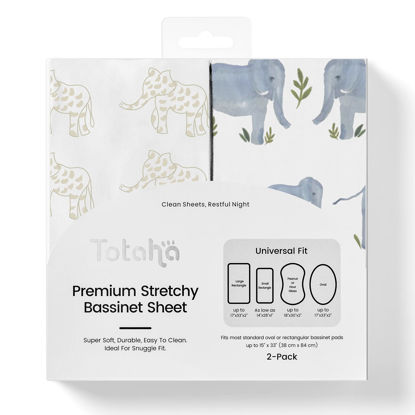 Picture of TotAha Premium Stretchy Bassinet Cradle Sheets (2-Pack) -Hypoallergenic, Silky Comfort, Buttery Soft, Calming Effect, All-Season Jersey-Knit Sheets,32 X 16 X 3''(Belgian & Blue Painted Elephant)