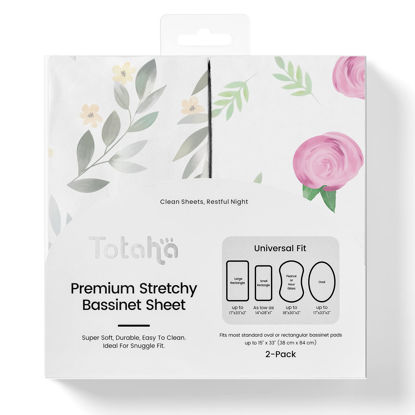 Picture of TotAha Premium Stretchy Bassinet Cradle Sheets (2-Pack) -Hypoallergenic, Silky Comfort, Buttery Soft, Calming Effect, All-Season Jersey-Knit Sheets,32 X 16 X 3''(Pink Buds & Green Leaves)