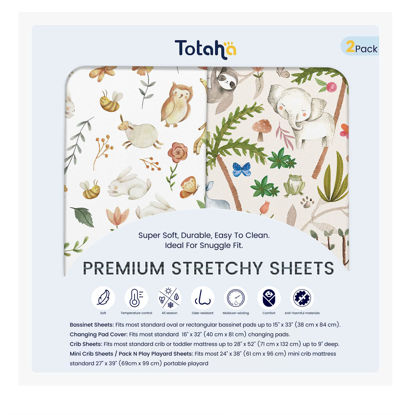 Picture of TotAha Premium Soft Bassinet Sheet for Boy Girl, Super Stretchy Jersey Knit Bassinet Fitted Sheet, Compatible with Halo, Maxi COSI, Mika Micky, SNOO, and Other Bassinet, 2 Pack (Happy Zoo & Jungle)