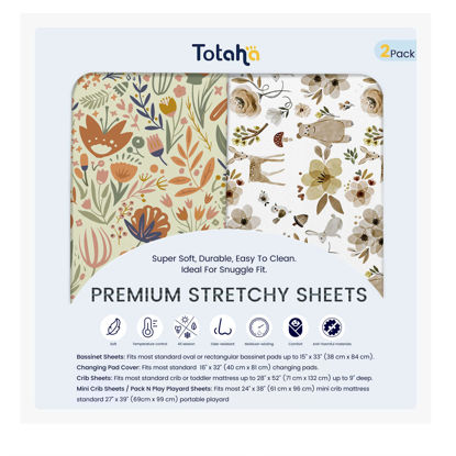 Picture of TotAha Premium Soft Bassinet Sheet for Boy Girl, Super Stretchy Jersey Knit Bassinet Fitted Sheet for Halo, Maxi COSI, Mika Micky, SNOO, and Other Bassinet, 2 Pack (Botanical Garden & Cute Bear)