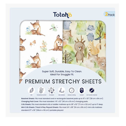 Picture of TotAha Premium Soft Bassinet Sheet for Boy Girl, Super Stretchy Jersey Knit Bassinet Fitted Sheet, Compatible with Halo, Maxi COSI, Mika Micky, SNOO, Baby Delight Mattress, Forest Bear & Cute Deer