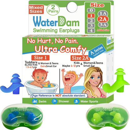 Picture of WaterDam A-Series Swimming Ear Plugs Ultra Comfy Great Waterproof Earplugs (Mixed Sizes, Size 1+2A: Small Ear Women Teens Kids (Blue Green))