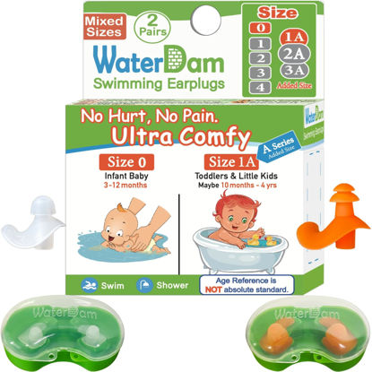 Picture of WaterDam A-Series Swimming Ear Plugs Ultra Comfy Great Waterproof Earplugs (Mixed Sizes, Size 0+1A: Infants Babies Toddlers 3-18months (Clear Orange))