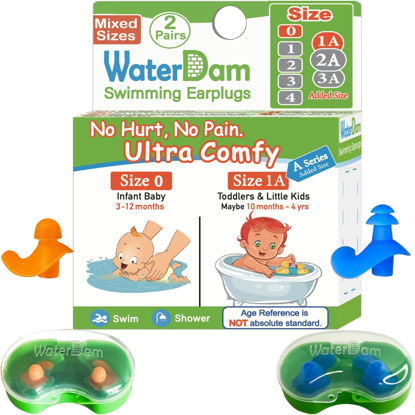 Picture of WaterDam A-Series Swimming Ear Plugs Ultra Comfy Great Waterproof Earplugs (Mixed Sizes, Size 0+1A: Infants Babies Toddlers 3-18months (Orange Blue))