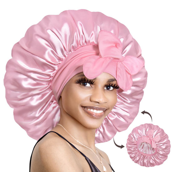 Picture of BONNET QUEEN Large Silk Bonnet for Sleeping Satin Bonnet Big Hair Bonnet Jumbo Braid Bonnet Double Layer Tie Bonnets Night Hair Wrap for Women Curly Hair Pink