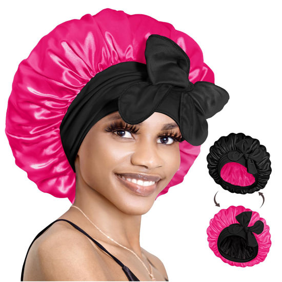 Picture of BONNET QUEEN Silk Bonnet for Sleeping Women Hair Bonnet REVERSIBLE Double Layer Satin Bonnet Tie Bonnet Sleep Satin Hair Wrap Night Cap For Curly Hair Black Hot Pink