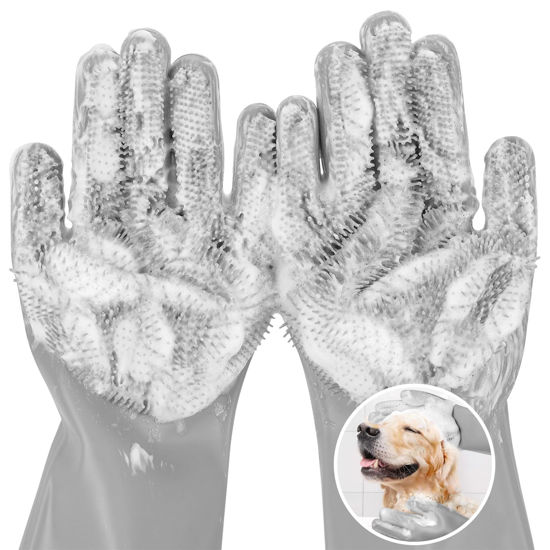 Picture of Pecute Pet Grooming Gloves, Large, Gray, Heat Resistant, High-Density Teeth, Silicone Dog Bathing Gloves with Enhanced Five Finger Design, for Washing, Bathing, and Massaging