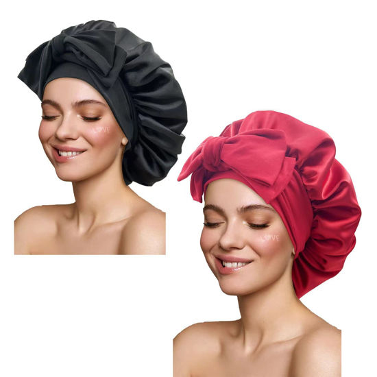 Picture of Satin Bonnet Silk Bonnet Hair Bonnet for Sleeping Large Bonnets with Tie Band Hair Wrap with Adjustable Straps Hair Cap Night Sleep Caps for Women Curly Braid Hair(Black,Wine Red)