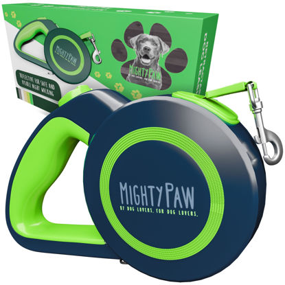 Picture of Mighty Paw Retractable Dog Leash 2.0 | 16' Heavy Duty Reflective Nylon Tape Lead for Pets up to 110lbs. Tangle Free Design W/One Touch Quick-Lock Braking System & Anti-Slip Handle (Green/Lite)