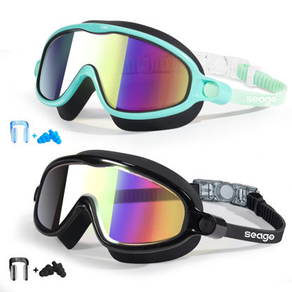 Picture of Kids Goggles for Swimming 2 Pack No Leaking Anti-Fog Outer Eye Fit with Wide View UV Protection Crystal Clear Watertight Swim Goggles with nose cover Suitable for Children Youth Boys Girls Age 3 to 15