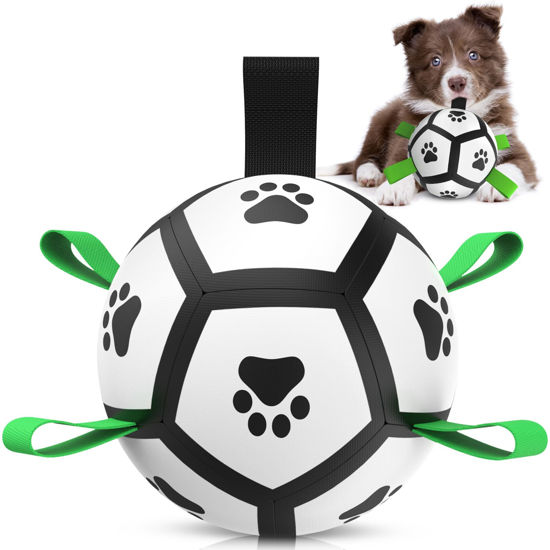 Picture of QDAN Dog Toys Soccer Ball with Straps, Interactive Dog Toys for Tug of War, Puppy Birthday Gifts, Dog Tug Toy, Dog Water Toy, Durable Dog Balls World Cup for Small Dogs（5 Inch）