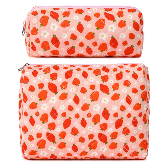 Picture of SOIDRAM 2 Pcs Quilted Makeup Bag Cute Cosmetic Bag Cotton Large Travel Coquette Toiletry Puffer Bag Strawberry Aesthetic Cute Glossier Makeup Bag for Women Girls