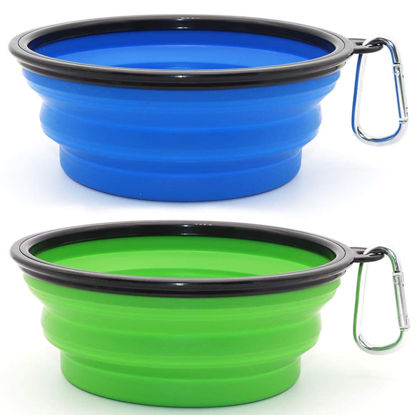 Picture of Collapsible Bowls, 2 Pack Water Bowls for Cats Dogs, Portable Pet Feeding Watering Dish for Walking Parking Traveling with 2 Carabiners (Large, Blue+Green)