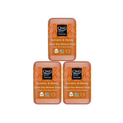 Picture of DEAD SEA Salt TURMERIC & HONEY SOAP 4oz Bars 3pk, Shea Butter, Argan Oil. For Problem Skin, Skin Detox, Acne Treatment, Eczema, Psoriasis, Anti Aging, Natural Essential Oil Fragrance