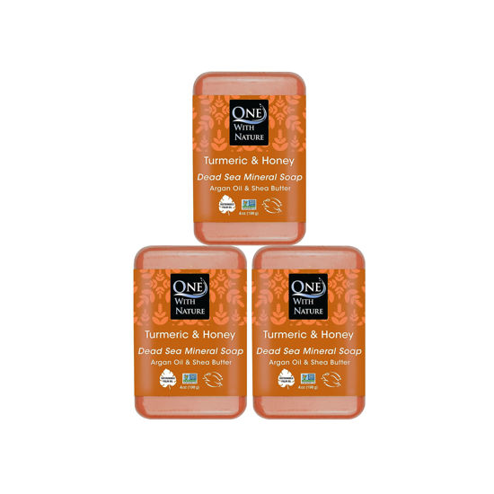 Picture of DEAD SEA Salt TURMERIC & HONEY SOAP 4oz Bars 3pk, Shea Butter, Argan Oil. For Problem Skin, Skin Detox, Acne Treatment, Eczema, Psoriasis, Anti Aging, Natural Essential Oil Fragrance