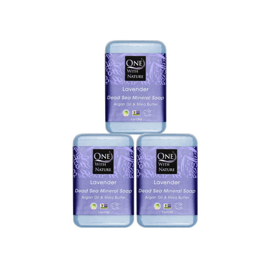 Picture of One With Nature Dead Sea Salt Lavender Soap 4oz Bars 3Pack - Dead Sea Salt Contains Magnesium, Sulfur & 21 Essential Minerals - Ideal for All Skin - Shea Butter, Argan Oil Enriches, Natural Fragrance