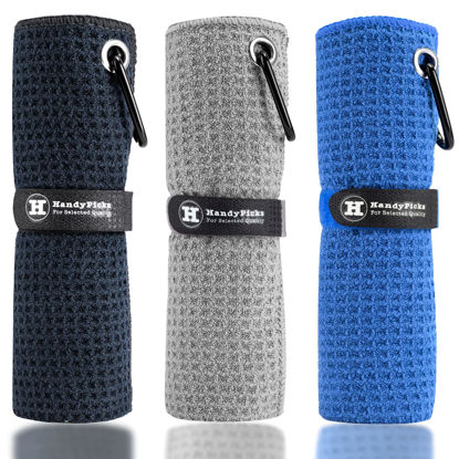 Picture of Handy Picks Microfiber Golf Towel (16" X 16") with Carabiner Clip, Waffle Pattern Golf Towel Hook and Loop Fastener - The Convenient Golf Cleaning Towel Black/Grey/Blue