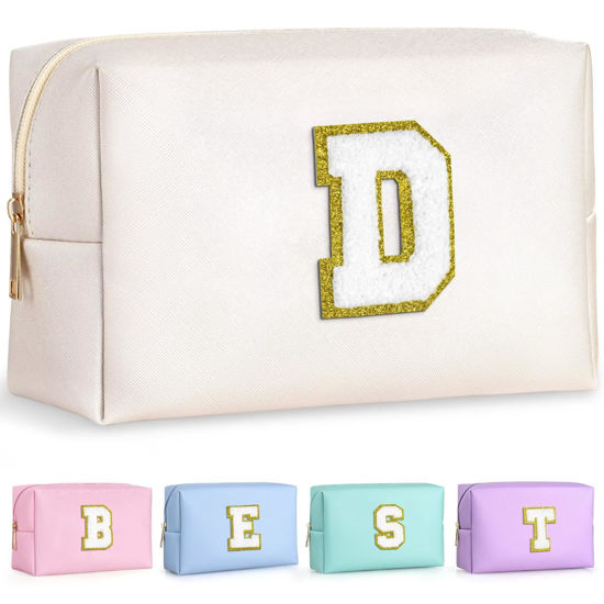 Picture of TOPEAST Preppy Small Makeup Bag, Chenille Letter Pouch Cosmetic Bag With Zipper, PU Leather Waterproof Toiletry Bag, Personalized Birthday Gift For Women, Cute Stuff For Girls (White D)