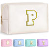 Picture of TOPEAST Personalized Makeup Bag, Chenille Letter Pouch Cosmetic Bag w Zipper, PU Leather Waterproof Toiletry Bag, Bridal Shower Gifts for Bridesmaids, Cute Stuff for Girls (White P)