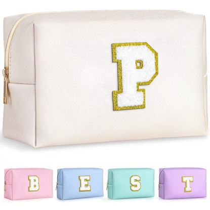 Picture of TOPEAST Personalized Makeup Bag, Chenille Letter Pouch Cosmetic Bag w Zipper, PU Leather Waterproof Toiletry Bag, Bridal Shower Gifts for Bridesmaids, Cute Stuff for Girls (White P)