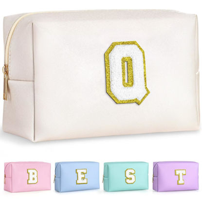 Picture of TOPEAST Initial Makeup Bag For Travel, Chenille Letter Pouch Cosmetic Bag, PU Leather Waterproof Toiletry Bag, Personalized Gifts For Bride Bridemaids, Cute Things for Girls (White Q)