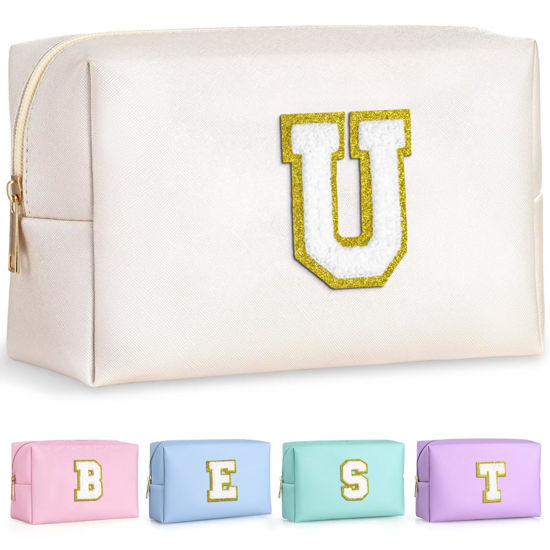 Picture of TOPEAST Personalized Makeup Bags for Women, Chenille Letter Pouch Cosmetic Bag with Zipper, Travel Toiletry Bag, Monogrammed Birthday Gift for Friends, Cute Stuff for Girls (White U)